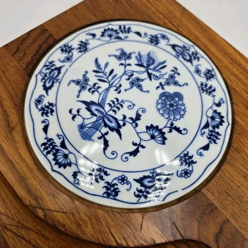 Vtg Dolphin Teakwood Danube Charcuterie Tray Porcelain Square‎ Blue Onion Tile